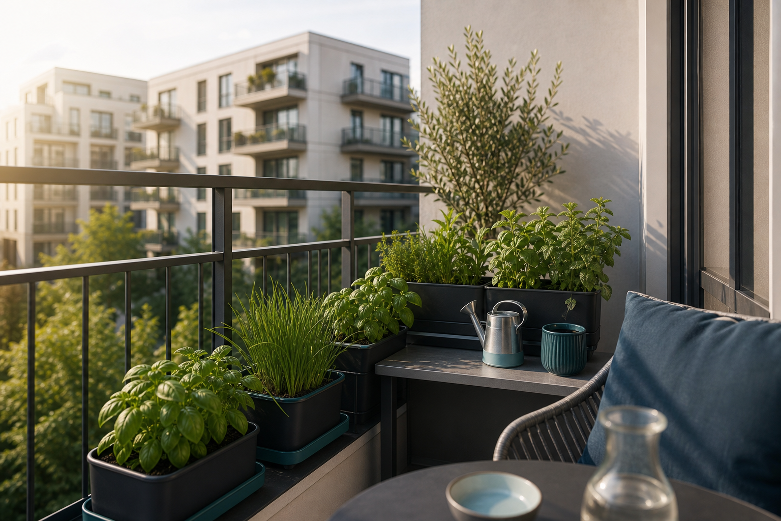 Balkon bytového domu s bylinkami v květináčích.