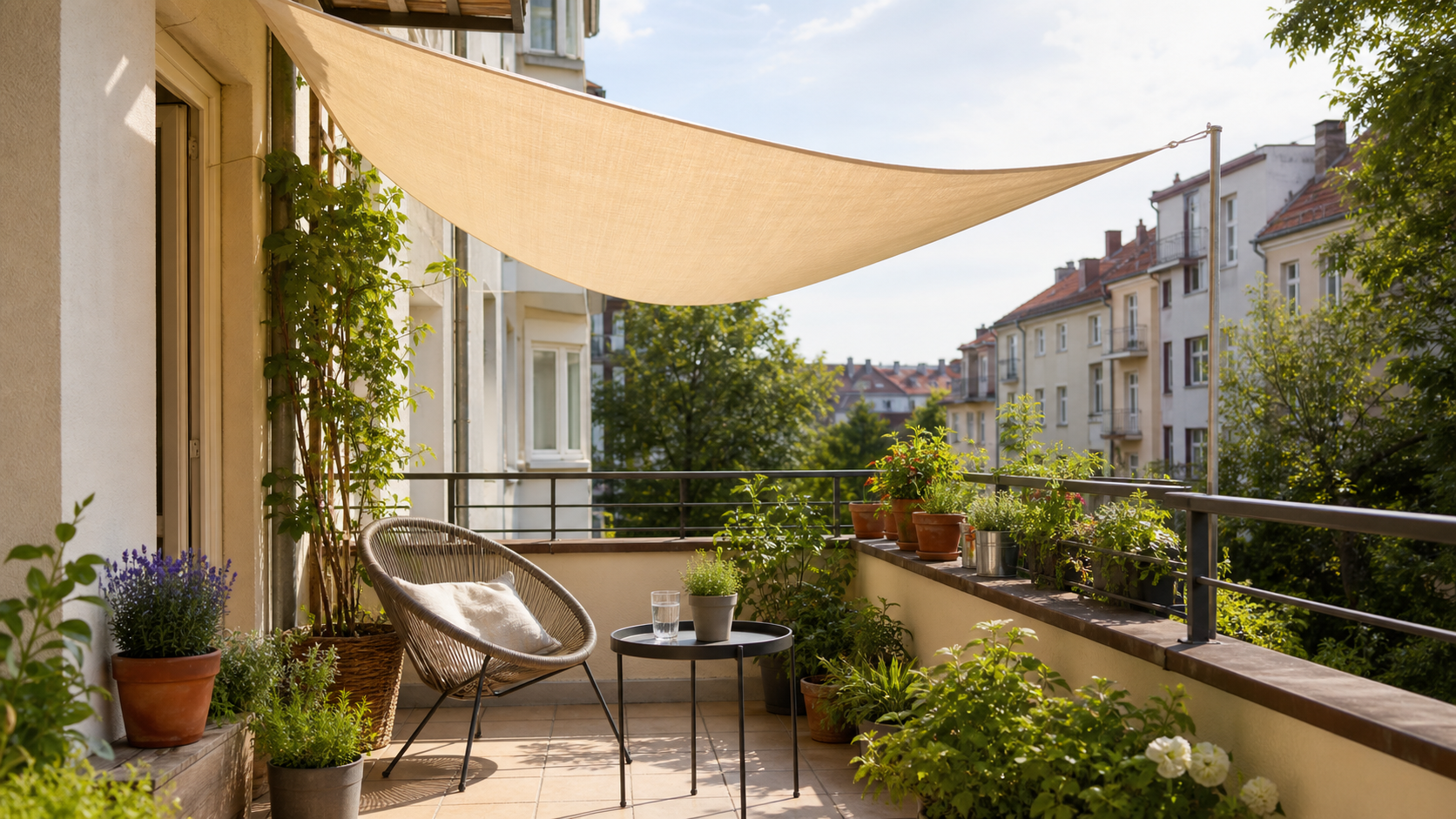 Světlý balkon v bytovém domě s lehkou stínicí plachtou, květináči a židličkou v odpoledním světle.