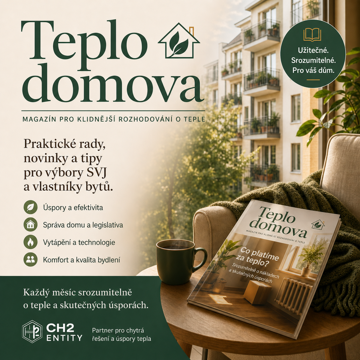 Magazín Teplo domova s domácí scénou a podpisem CH2 entity